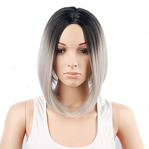 BARSDAR 14" Girl’s Short Bob Hair Wigs Straight Synthetic Dark Roots Ombre Colorful Halloween Cosplay Daily Party Wig for Women Natural Looking Heat Resistant As Real Hair with Free Wig Cap-Black to S